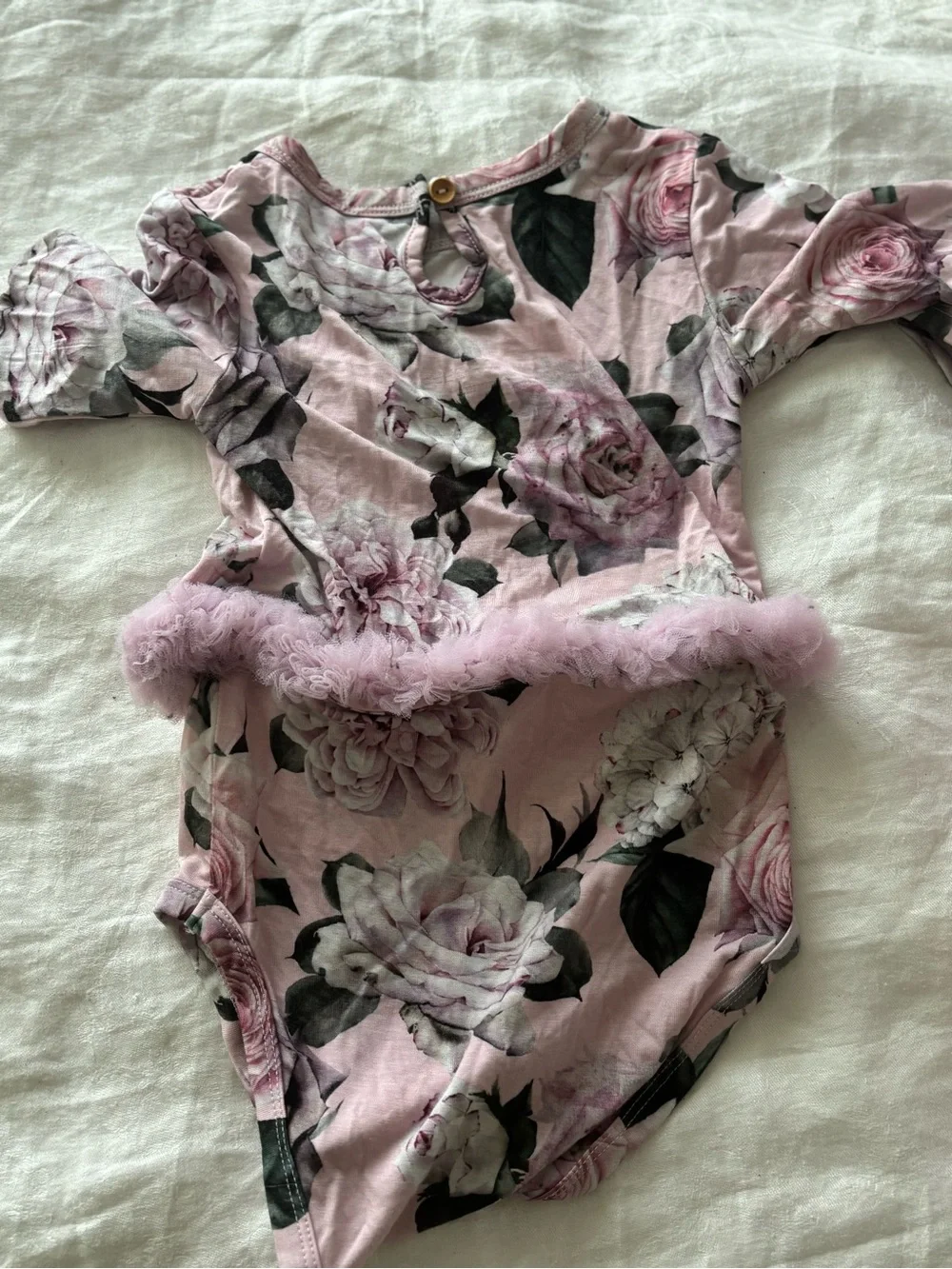 Bums & Roses Baby Girl Pink Floral Tulle Bodysuit Romper 18-24M Long Sleeve